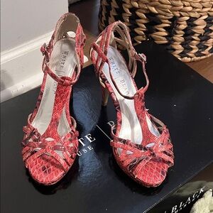 White House Black Market Red Snake-Embossed Strappy T-Strap Heels
